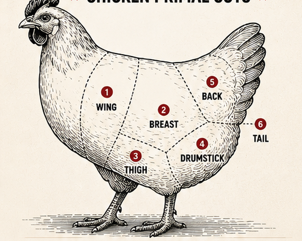 Chicken primal cuts diagram: 1 breast, 2 wing, 3 thigh, 4 drumstick, 5 back, 6 tail