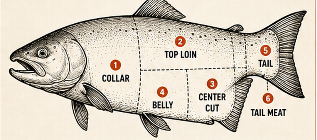 Salmon primal cuts diagram: 1 collar, 2 top loin (back), 3 center cut, 4 belly, 5 tail, 6 second cut (tail meat)