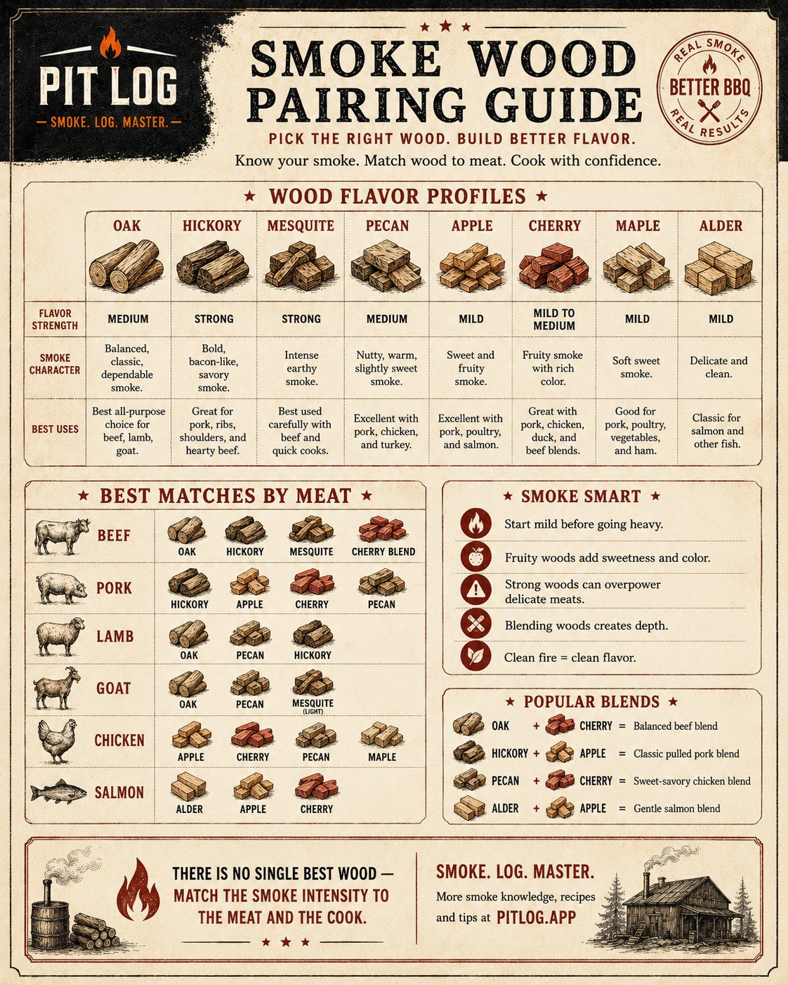 Pit Log smoke wood pairing guide poster: flavor profiles for oak, hickory, mesquite, pecan, apple, cherry, maple and alder, best matches by meat, and popular blends